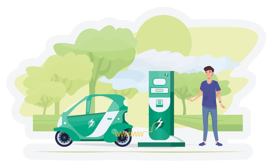 Man is charging his electric car at the charging station. Electro car. Ecology and environment protection. Green industry. Eco friendly concept. Ecosystem protection. Flat vector illustration.